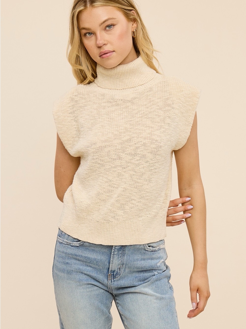 Sleeveless Turtleneck Sweater Vest in Cream- 100% Cotton